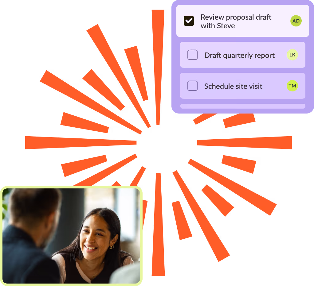 Checklist showing tasks with one checked and smiling woman talking to a man in inset photo.