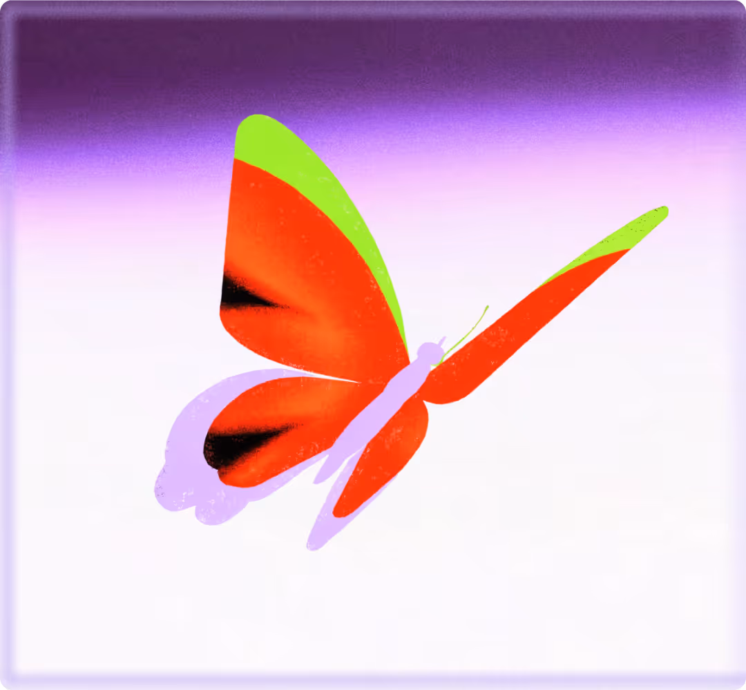 Stylized butterfly with red and green wings and a purple body on a gradient purple background.