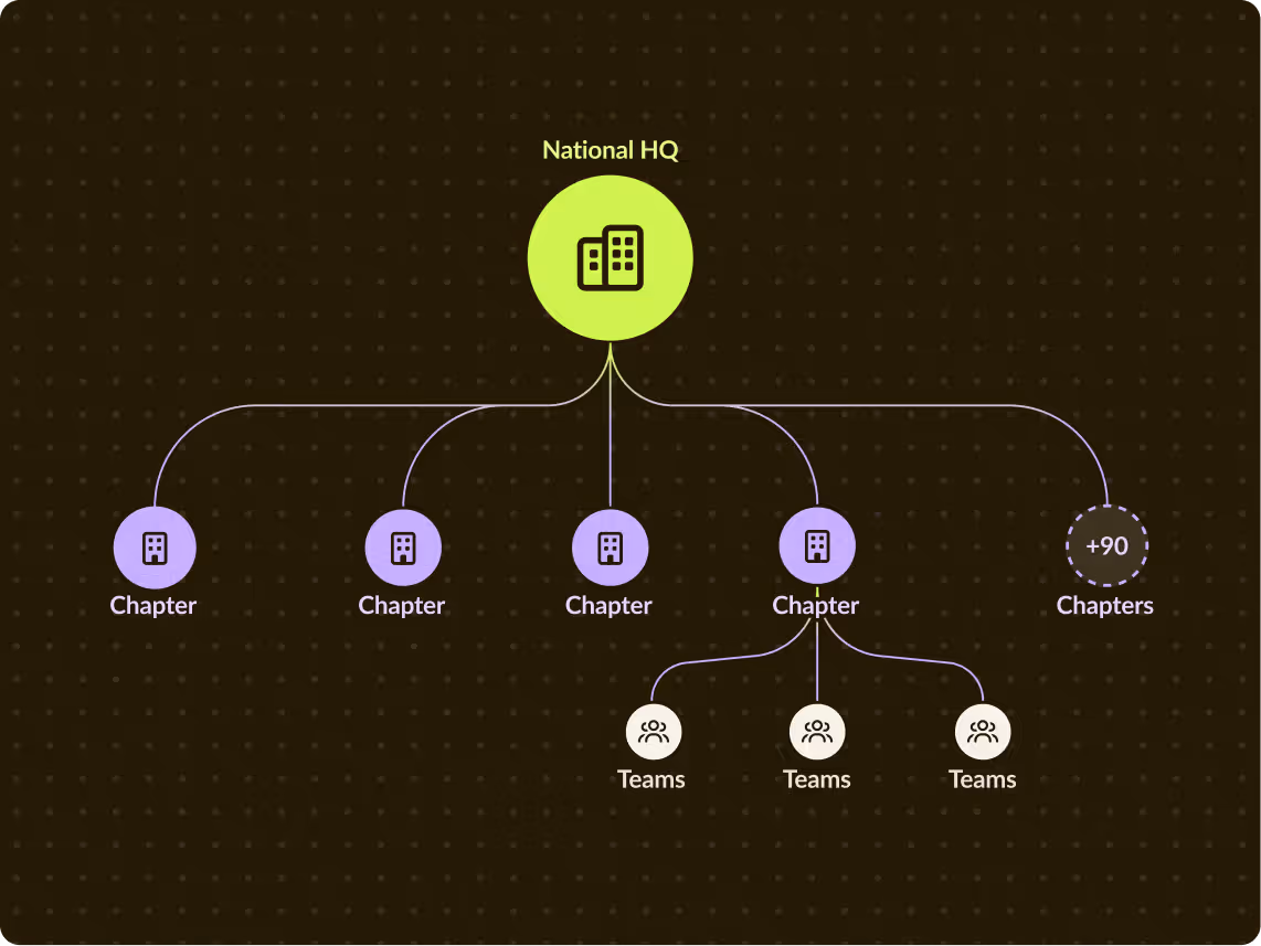 Organizational chart with National HQ connected to chapters and teams, showing hierarchical structure.