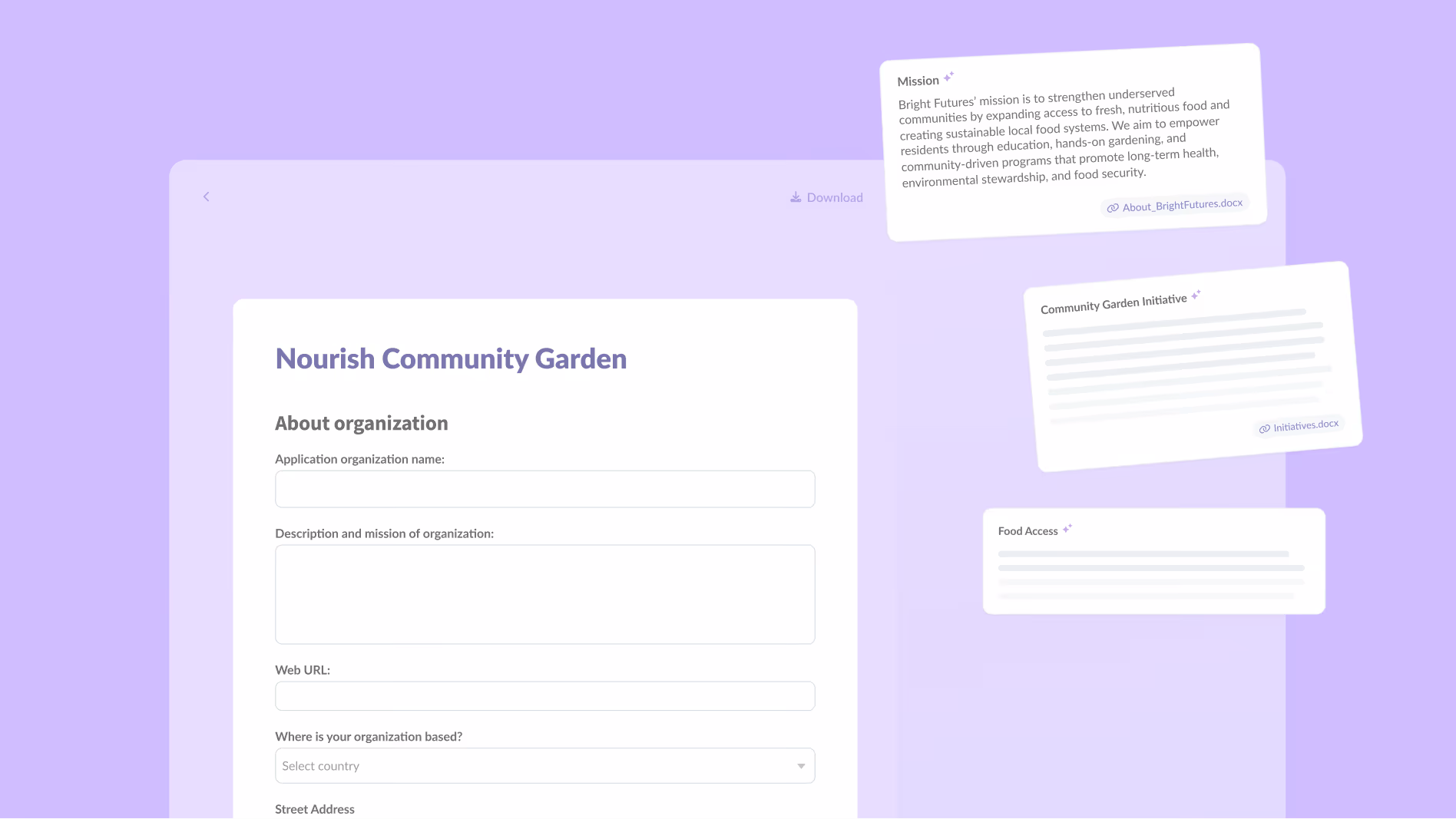 Web form titled Nourish Community Garden with sections for organization info and three floating document previews.