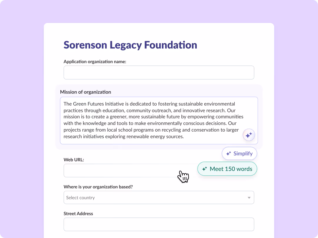 Form titled Sorenson Legacy Foundation with fields for organization name, mission, URL, location, and address.