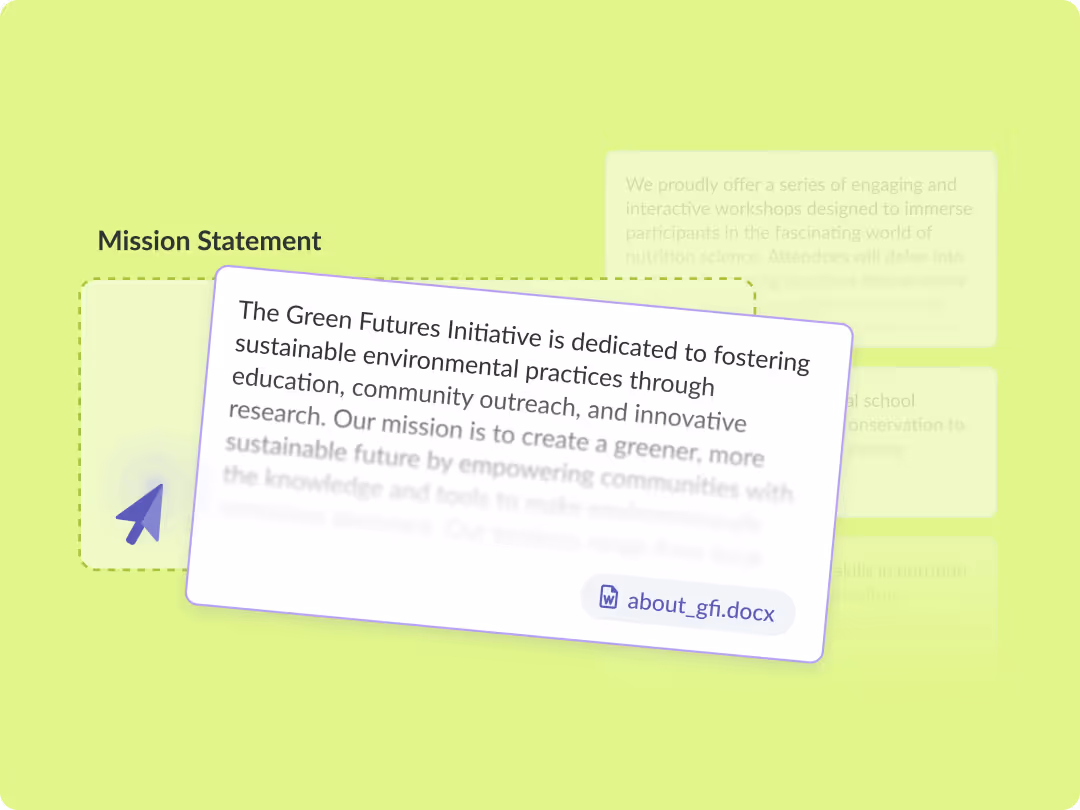 Mission Statement card showing dedication to sustainability through education, outreach, and innovation.