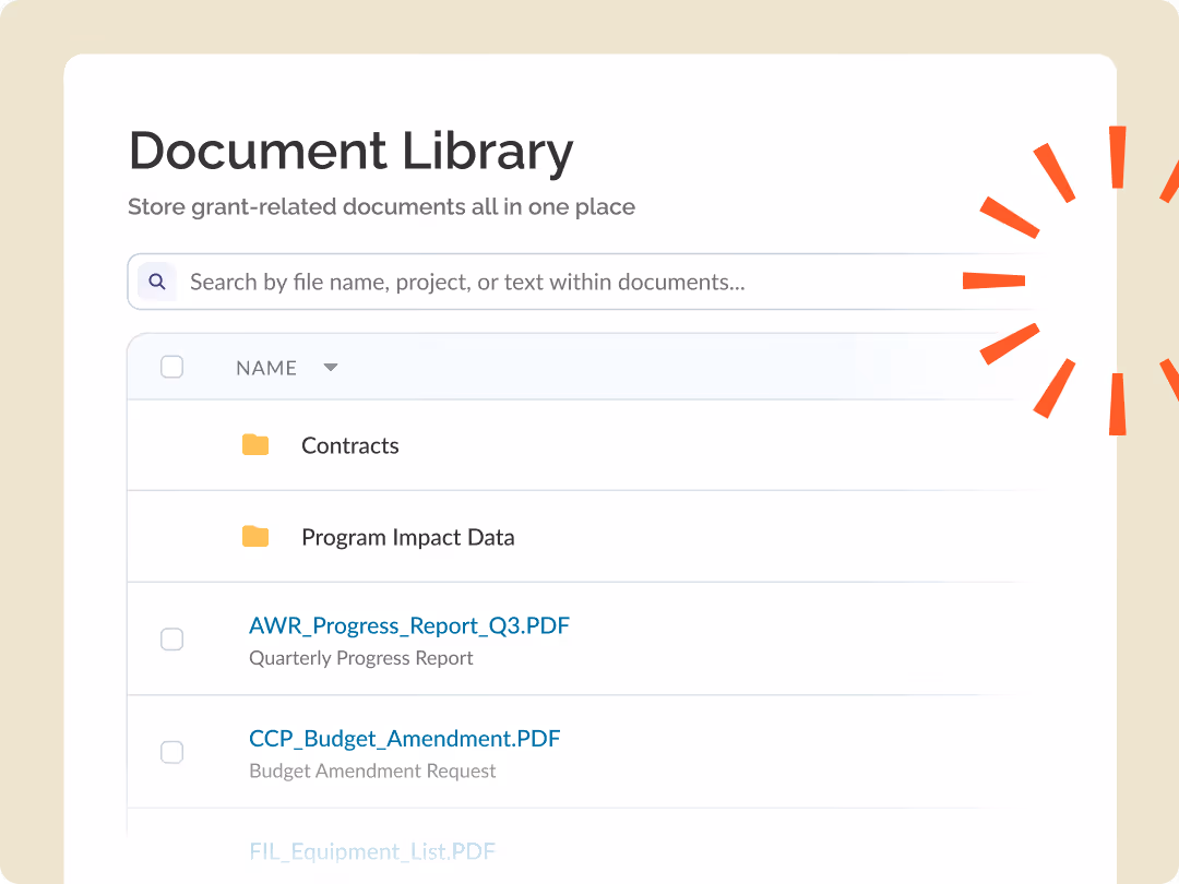 Document library interface showing folders and PDF files for grant-related documents with a search bar.