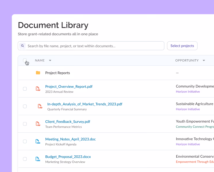 Document library interface showing grant-related files with names, descriptions, and opportunity categories.