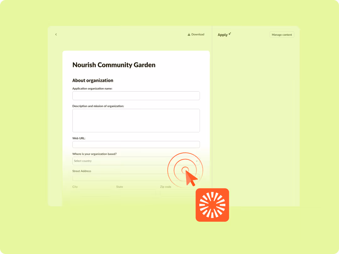 Form titled Nourish Community Garden capturing organization details with a cursor clicking a dropdown.