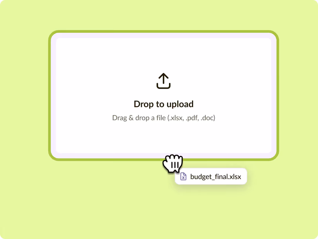 Drag and drop file upload box with cursor dragging budget_final.xlsx file.
