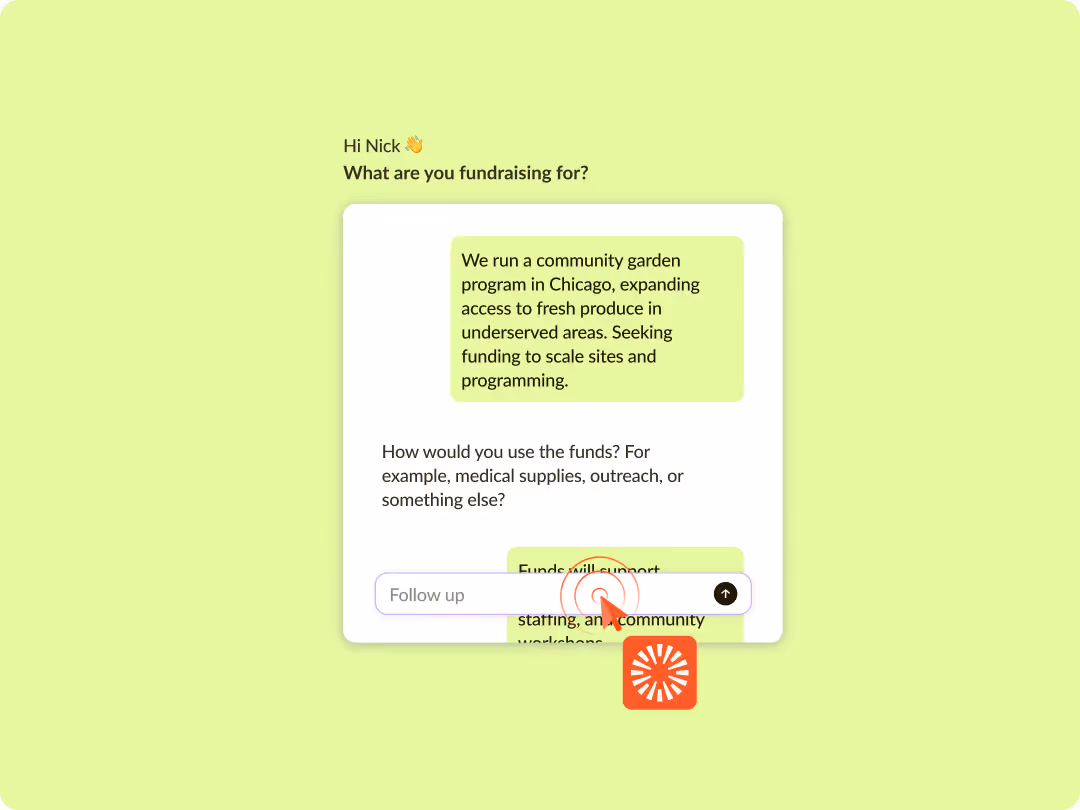 Chat interface showing fundraising details for a community garden program in Chicago expanding produce access.