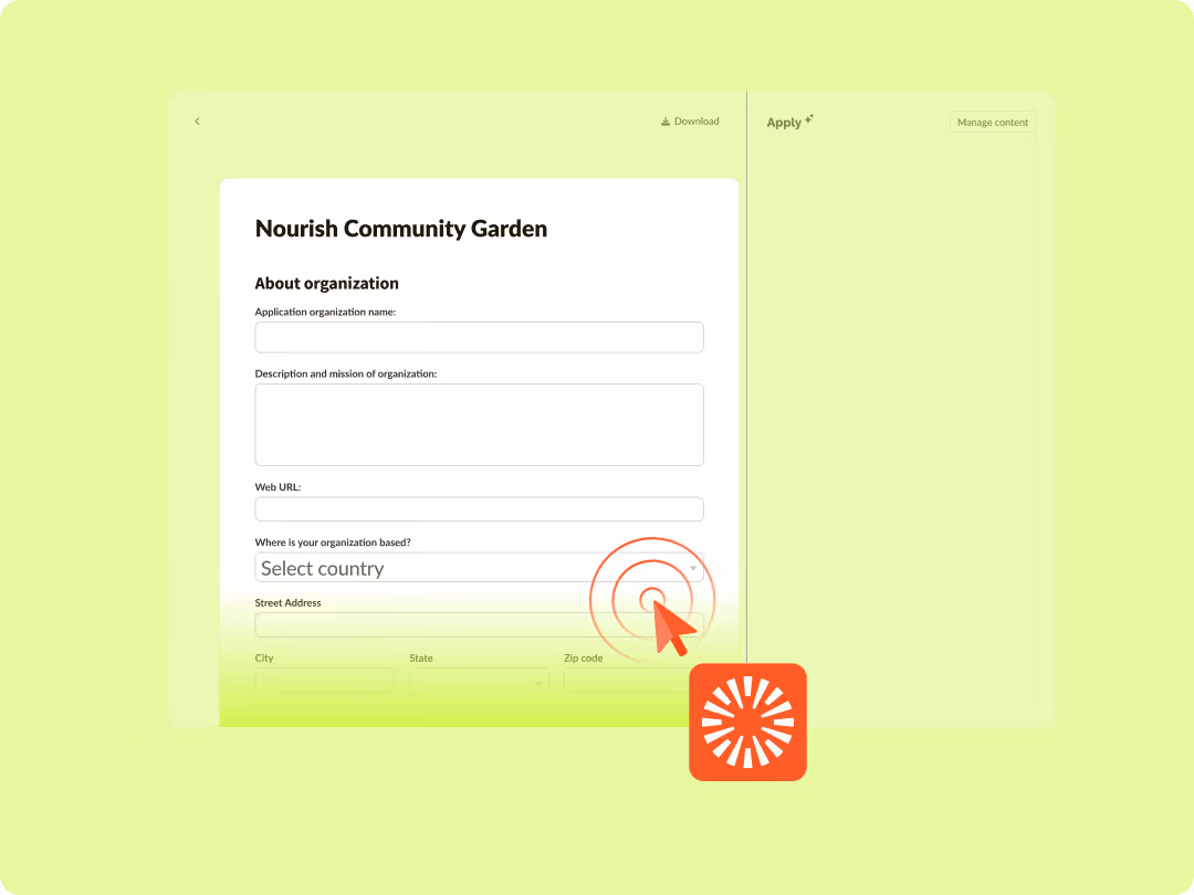 Online form for Nourish Community Garden with fields for organization details and a dropdown to select country.