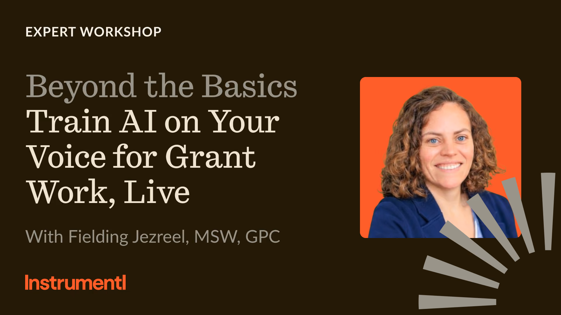 Workshop announcement featuring Fielding Jezreel smiling with curly hair in a blue blazer.