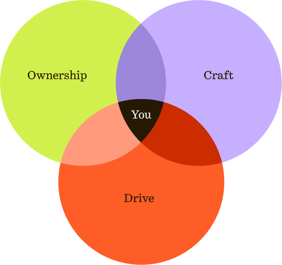 Venn diagram with three overlapping circles labeled Ownership, Craft, and Drive, with the overlapping center labeled You.