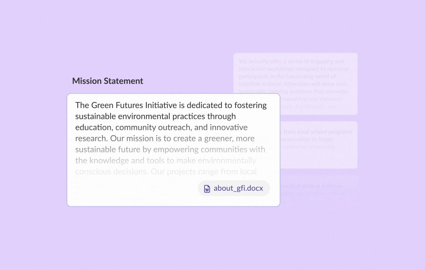 A digital card titled 'Mission Statement' displays text about the Green Futures Initiative, emphasizing fostering sustainable environmental practices through education, outreach, and research, aiming to create a greener future by empowering communities with knowledge and tools. A button labeled 'about_gfi.docx' with a document icon is visible at the bottom right of the card.