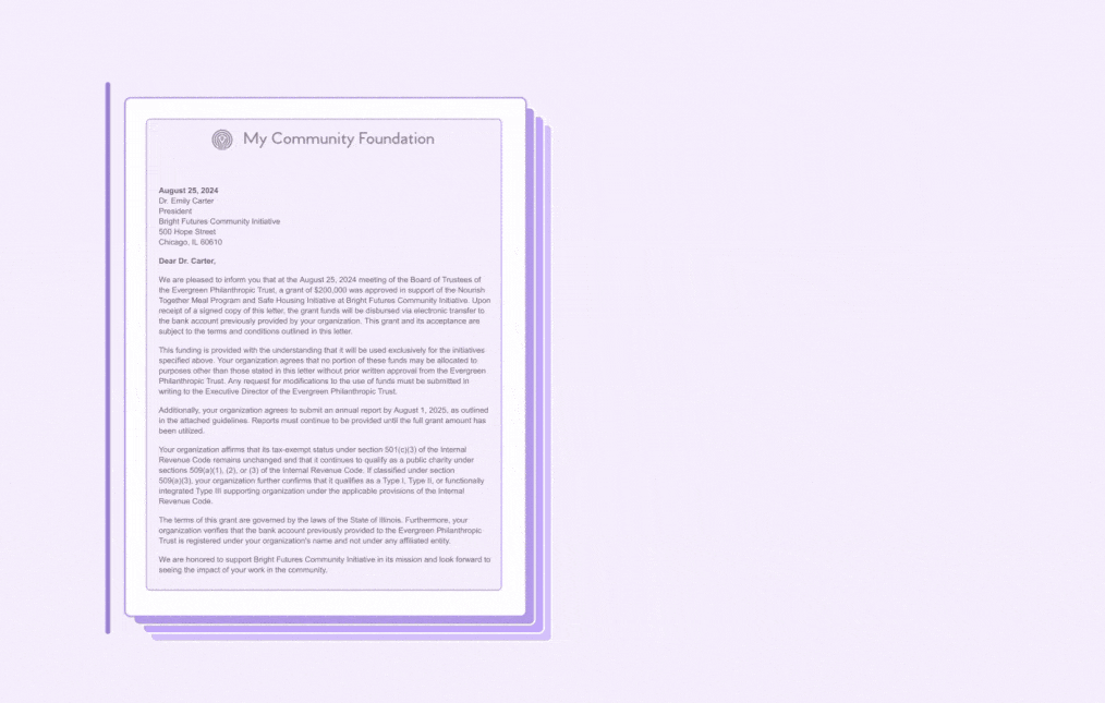 Animated sequence showing a letter from My Community Foundation addressed to Dr. Emily Carter about a $200,000 grant approval for the Bright Futures Community Initiative, explaining terms, tax-exempt status, and reporting requirements.