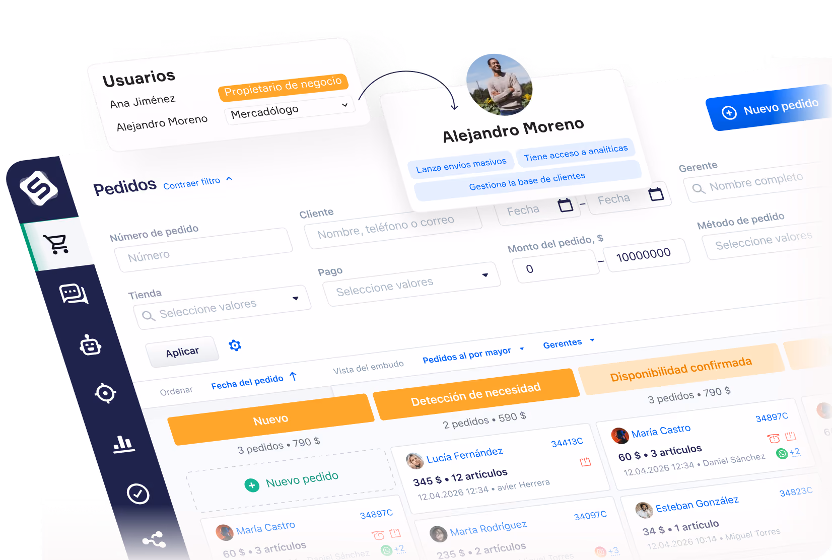 Panel de Simla: filtros de reservas, embudo por etapas y permisos por rol del equipo