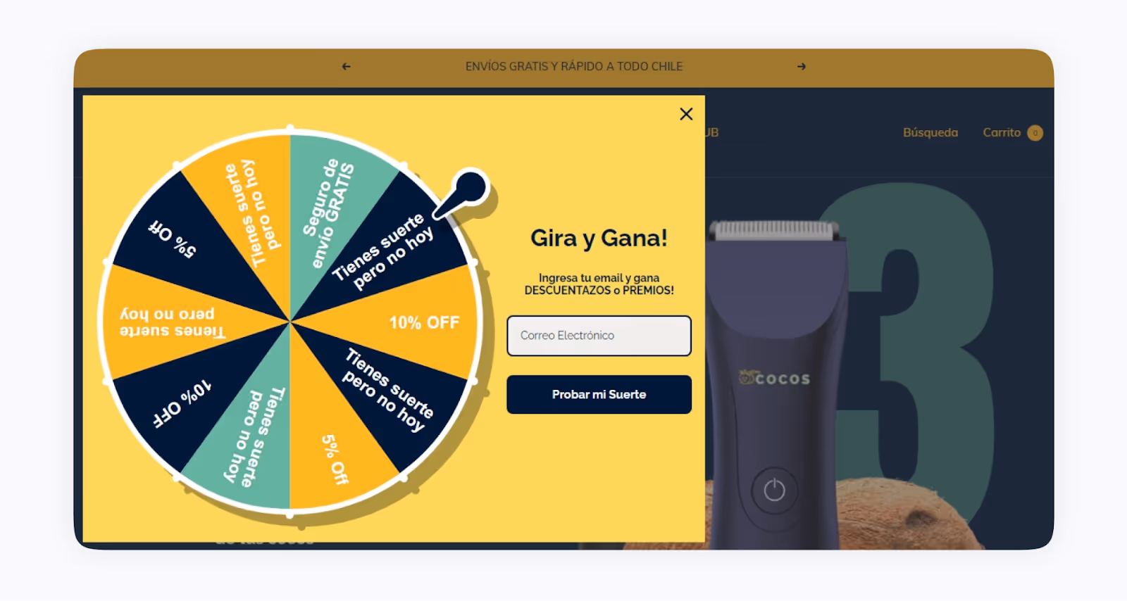 MyCOCOS, tienda de rasuradoras masculinas, te da la oportunidad de probar suerte, pero solo si indicas tu correo electrónico en un campo obligatorio de la ventana emergente