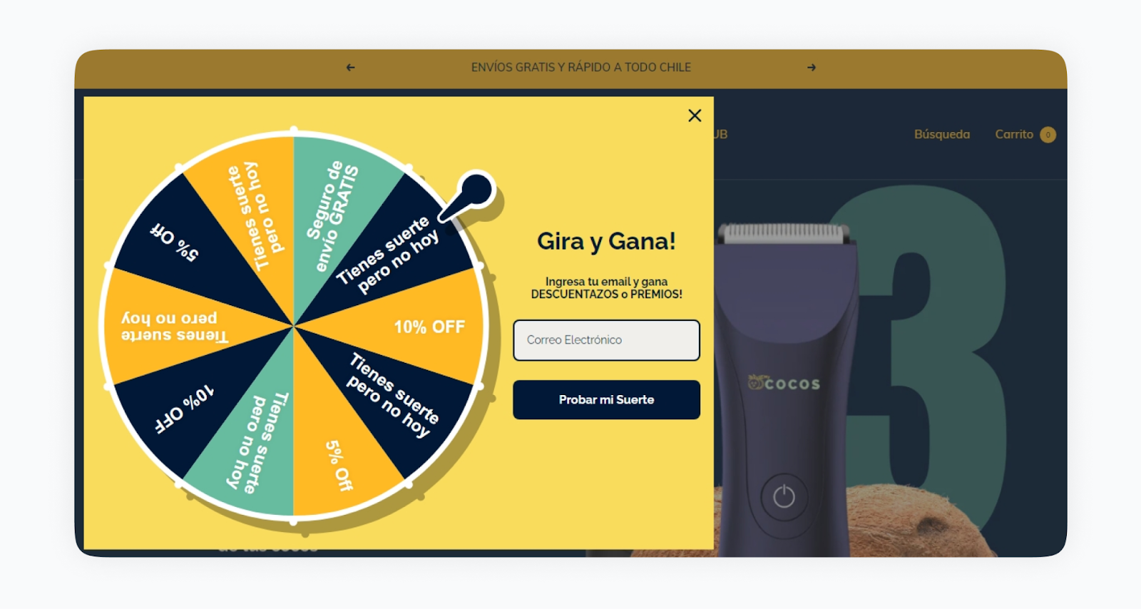 MyCOCOS, tienda de rasuradoras masculinas, te da la oportunidad de probar suerte, pero solo si indicas tu correo electrónico en un campo obligatorio de la ventana emergente