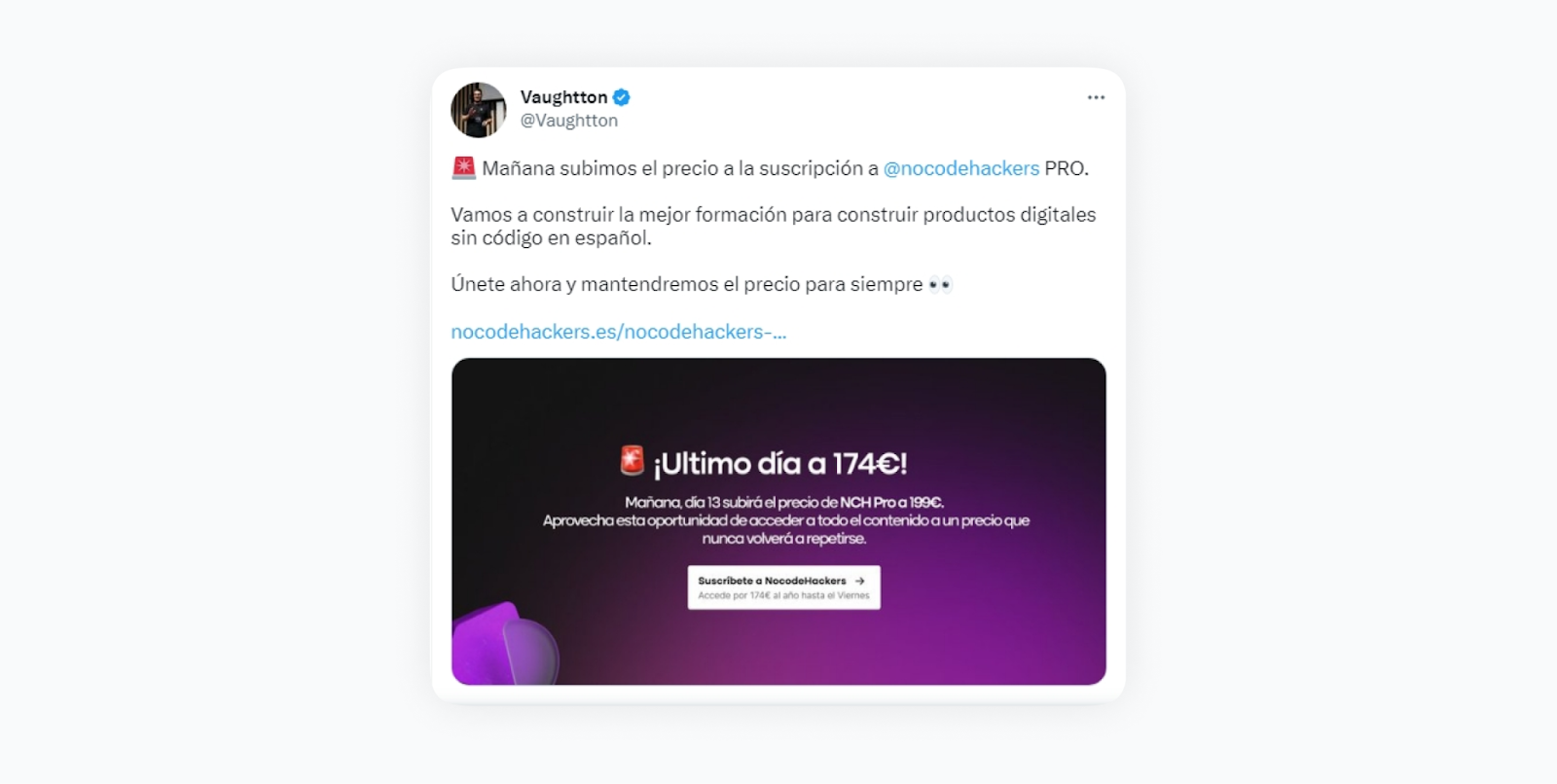 Nocode Hackers invita a sus suscriptores de Twitter a darse prisa para poder aprovechar el precio reducido de uno de sus cursos online