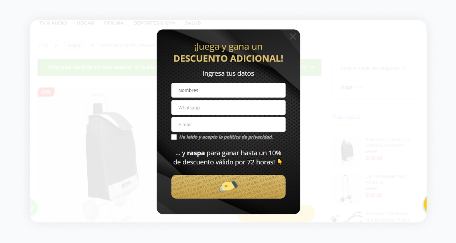 msaracks, empresa especializada en rubro metal-mecánico, utiliza un sorteo para recopilar el nombre, email y el número de WhatsApp de los visitantes de su sitio web