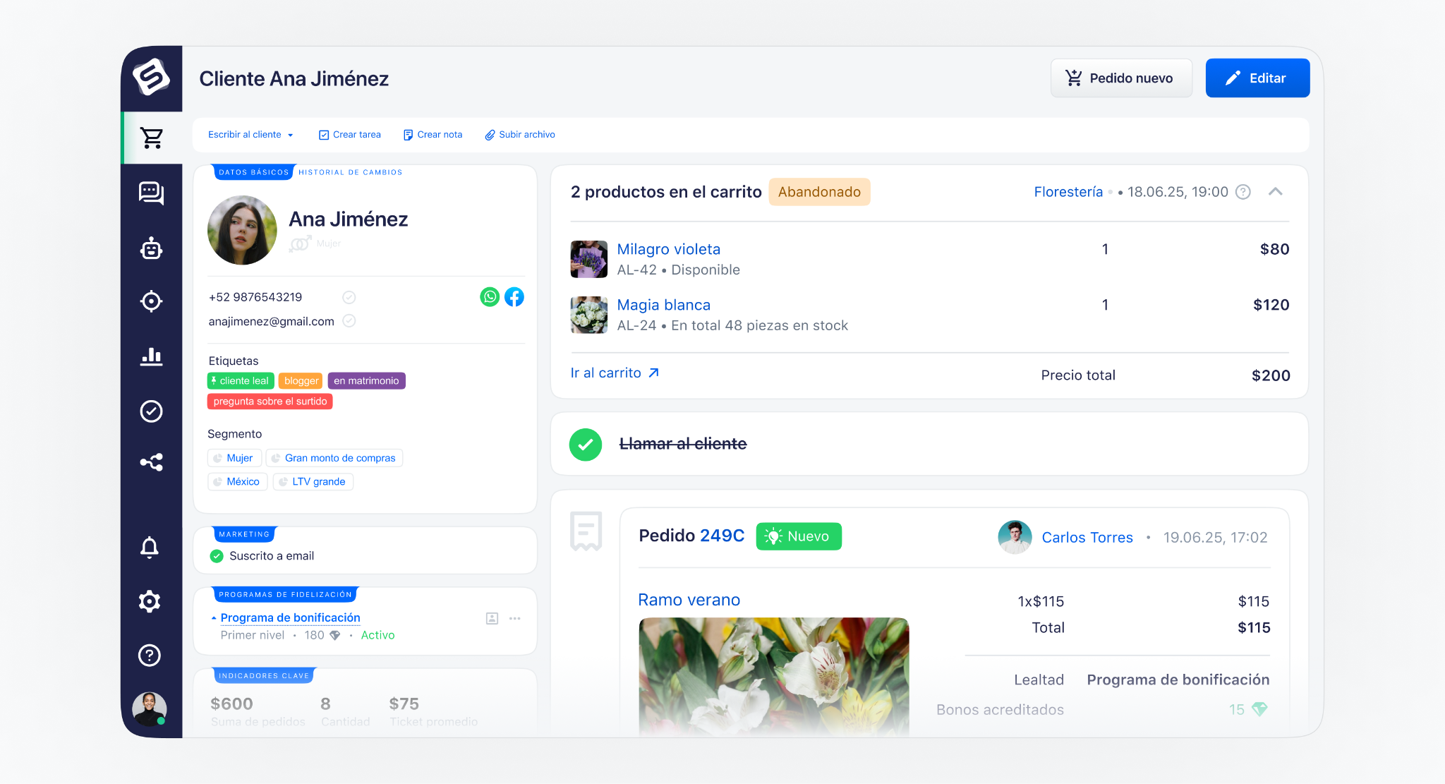 Interfaz de CRM mostrando la gestión de un cliente, incluyendo su información de contacto, etiquetas, historial de compras y productos abandonados en el carrito, optimizando la atención al cliente a través de la automatización de tareas y recordatorios