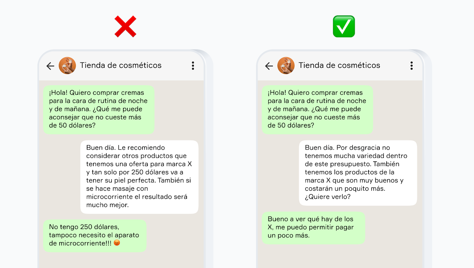 Ejemplo de retroalimentación constructiva en atención al cliente por WhatsApp: comparación entre una respuesta que ignora el presupuesto del cliente y una respuesta empática que se adapta y propone alternativas, mejorando la comunicación y la experiencia