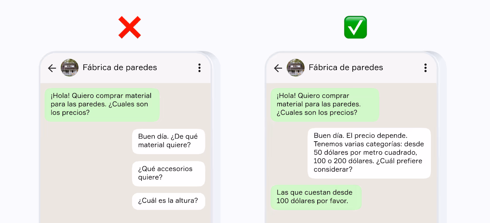 Ejemplo de atención al cliente por WhatsApp: comparación entre una respuesta cortés y profesional que ofrece rangos de precio y una respuesta poco útil, para ilustrar un tono amable en la comunicación empresarial