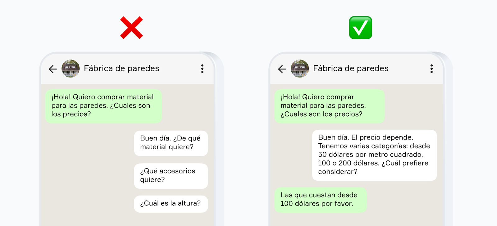Ejemplo de atención al cliente por WhatsApp: comparación entre una respuesta cortés y profesional que ofrece rangos de precio y una respuesta poco útil, para ilustrar un tono amable en la comunicación empresarial