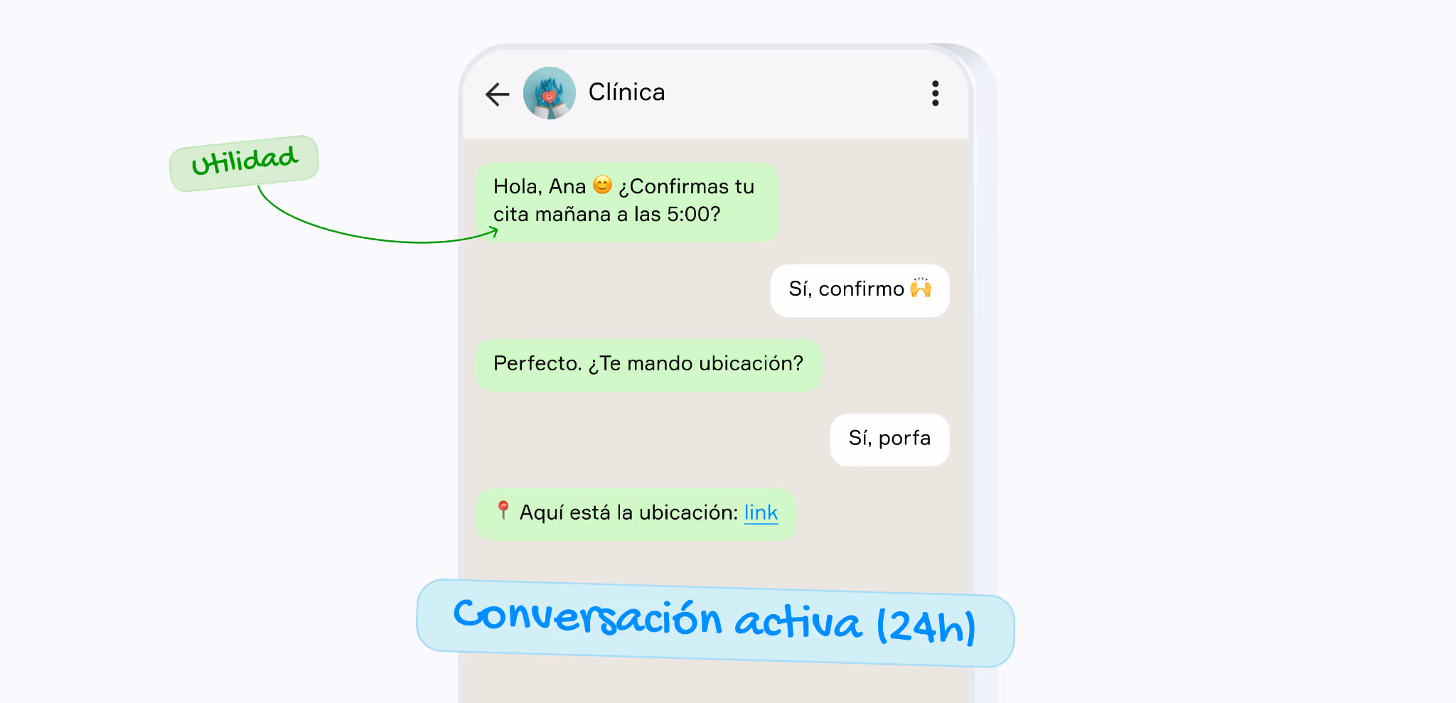 Ejemplo de confirmación de cita por WhatsApp con respuesta del cliente y conversación activa (ventana 24 horas)