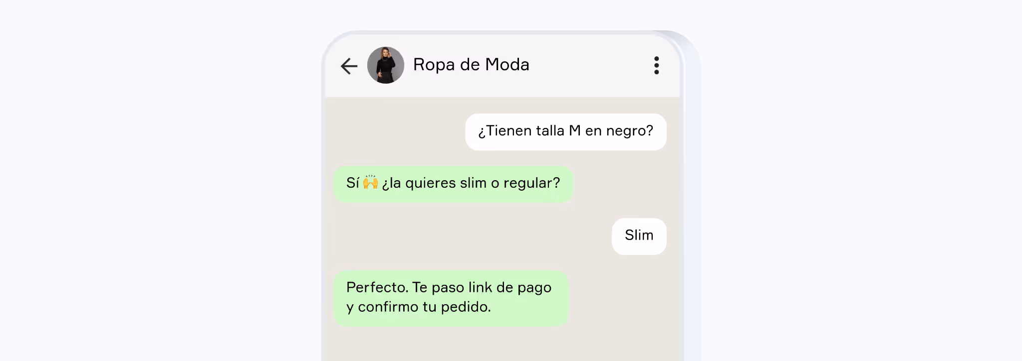 Ejemplo de conversación de ecommerce por WhatsApp: consulta de talla y cierre de compra con mensajes de atención al cliente