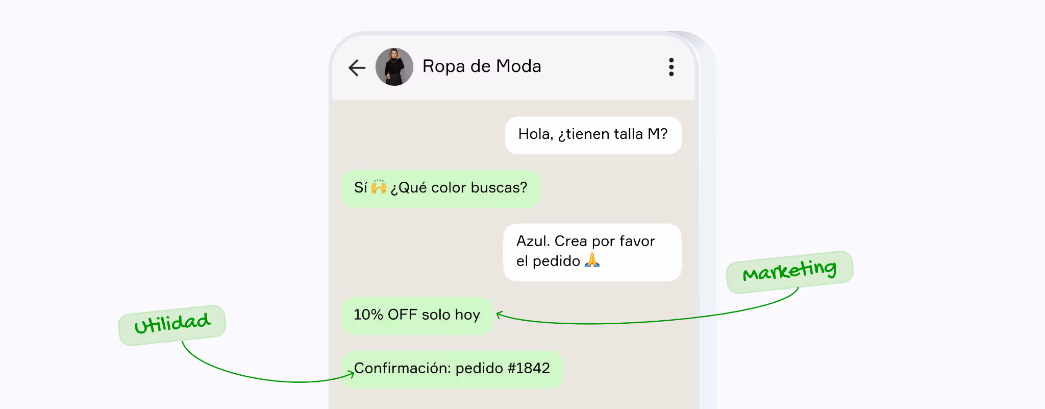 Ejemplo de conversación de ecommerce por WhatsApp con mensajes transaccionales y promocionales