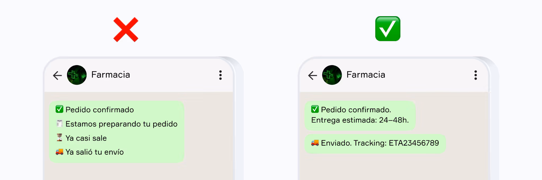 Ejemplo de ecommerce por WhatsApp: demasiadas actualizaciones del pedido vs mensaje resumido con ETA y tracking