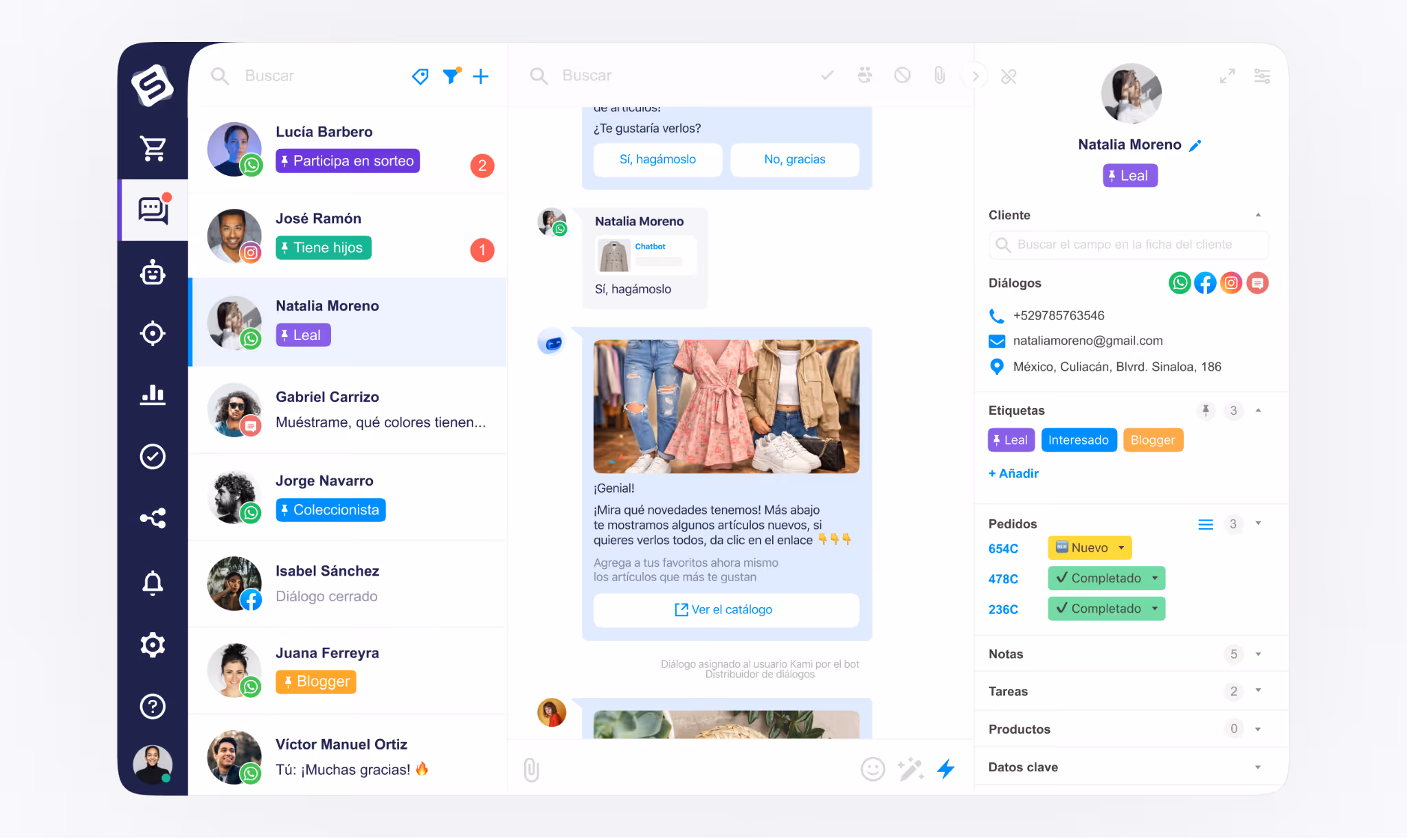 Interfaz de CRM mostrando la centralización de conversaciones a través de WhatsApp, permitiendo a los agentes gestionar consultas y promociones de manera eficiente