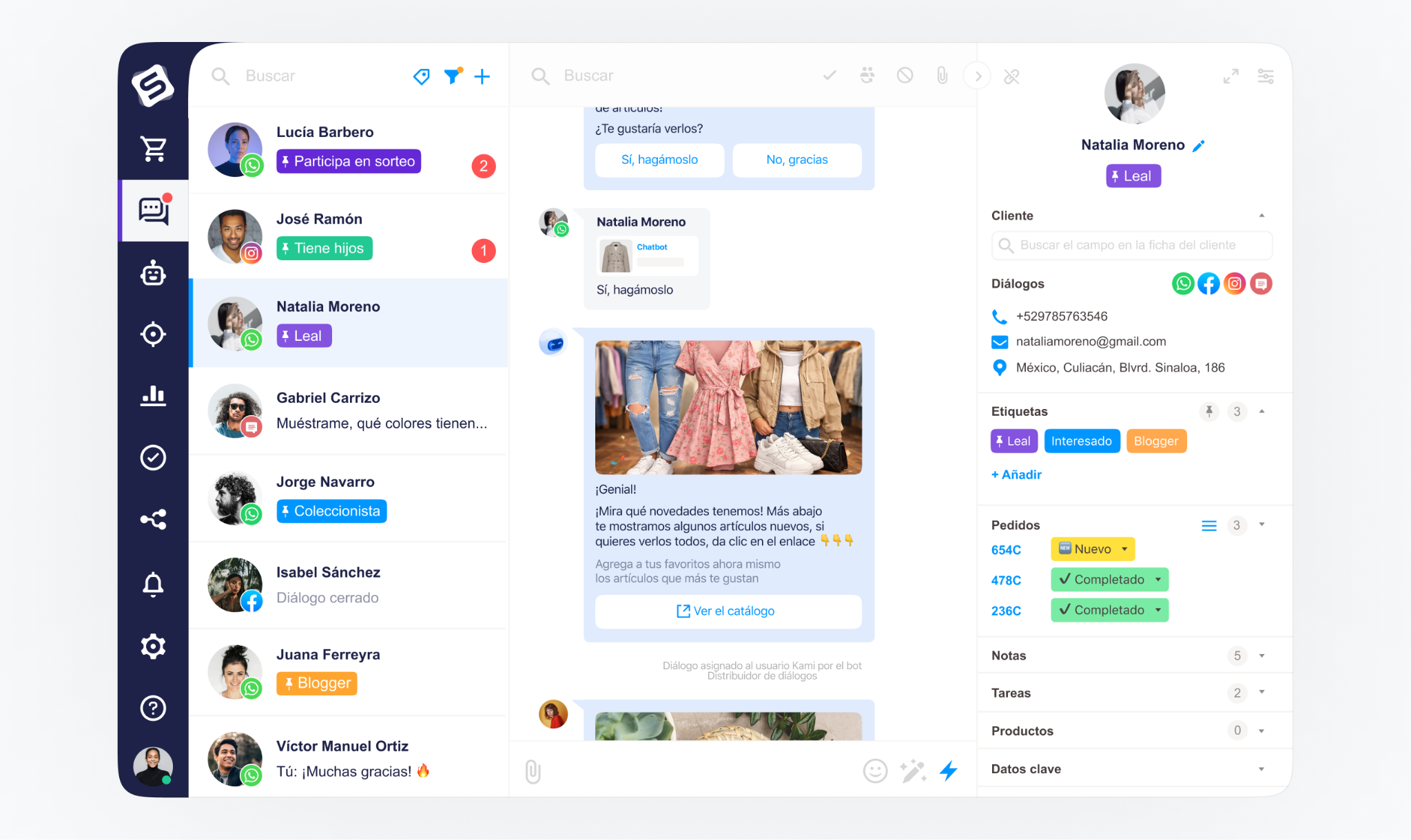 Interfaz de CRM mostrando la centralización de conversaciones a través de WhatsApp, permitiendo a los agentes gestionar consultas y promociones de manera eficiente