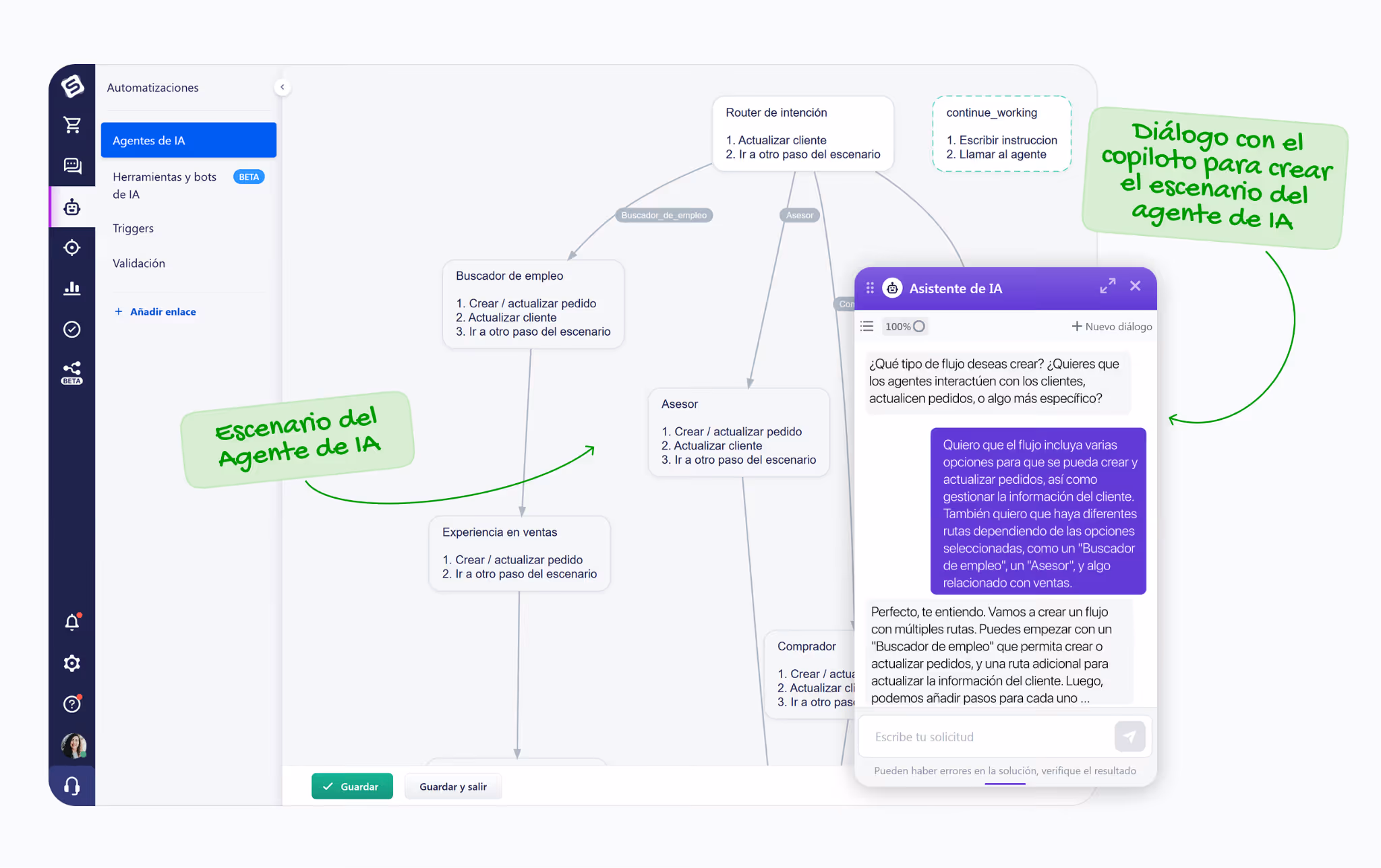 Pantalla de Simla donde se crea un agente de IA con escenarios, flujos de automatización y asistente copiloto que ayuda a configurar respuestas y acciones