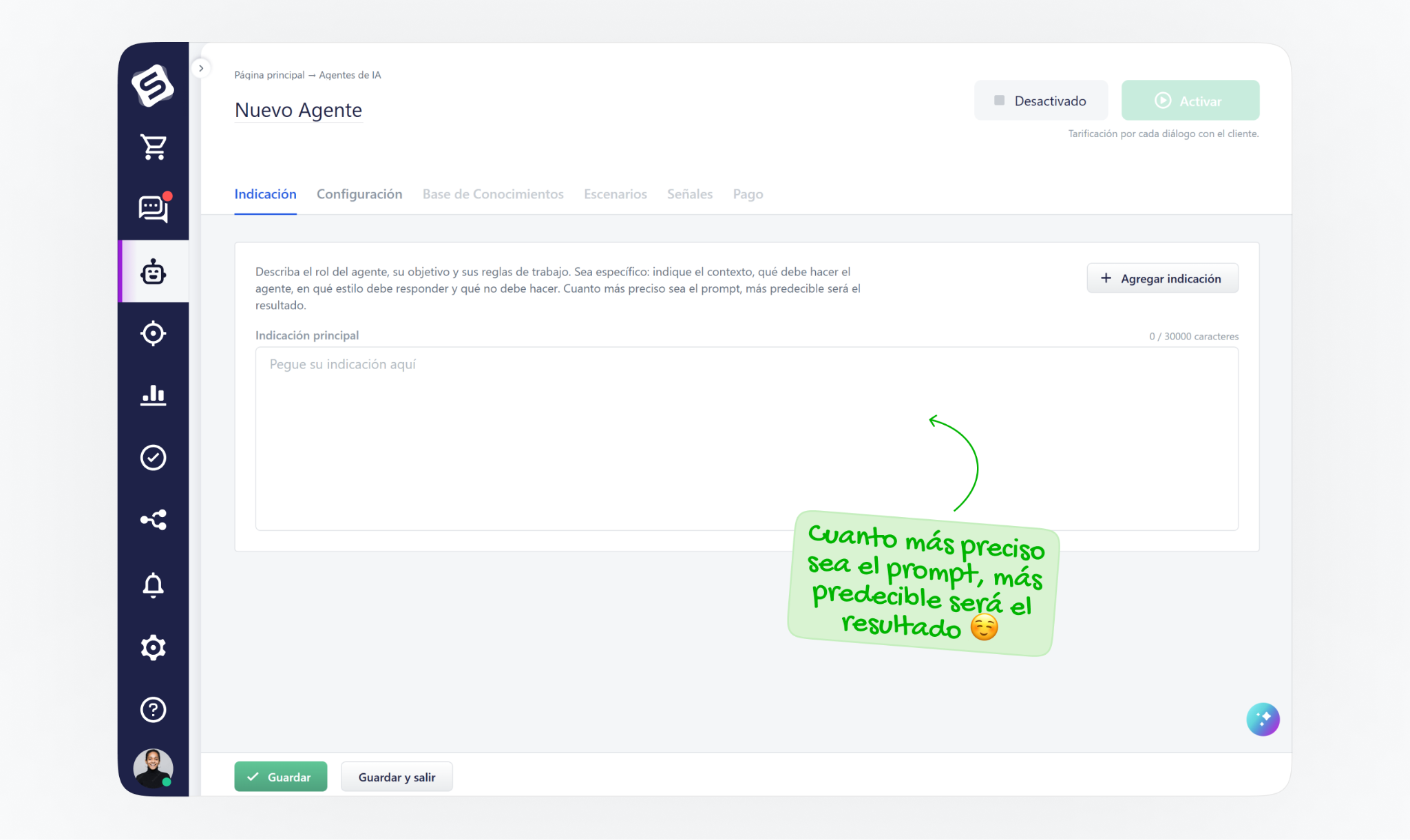 Pantalla de Simla para crear un agente de IA donde se define el rol, objetivo y reglas de trabajo en la sección de indicación