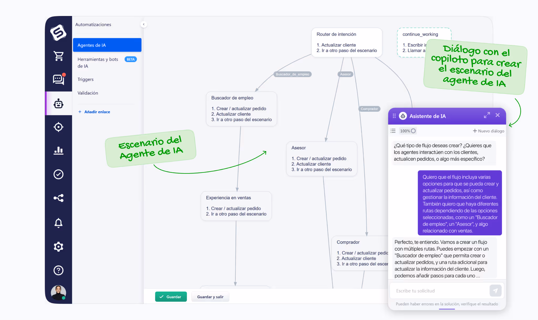 Pantalla de Simla donde se crea un agente de IA con escenarios, flujos de automatización y asistente copiloto que ayuda a configurar respuestas y acciones