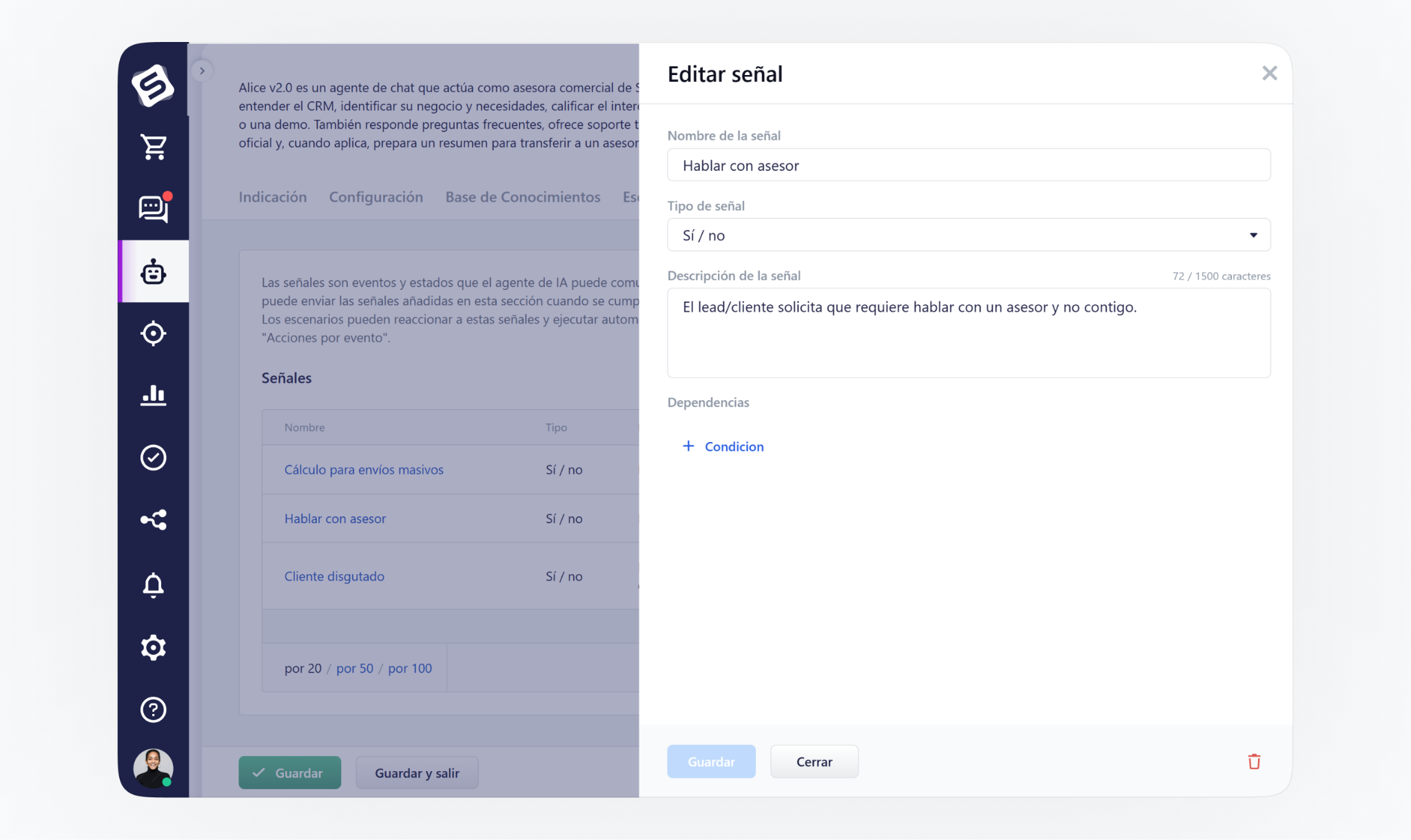 Interfaz de Simla mostrando la configuración de señales en un agente de IA para detectar eventos como solicitud de hablar con un asesor
