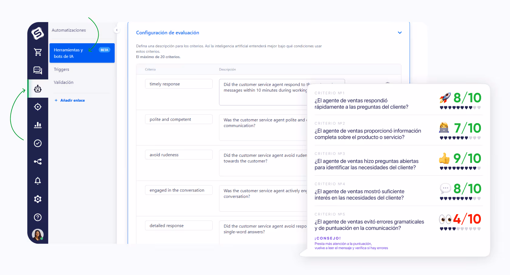 Interfaz de CRM automotriz mostrando evaluación de desempeño con métricas de rapidez, seguimiento y calidad de atención