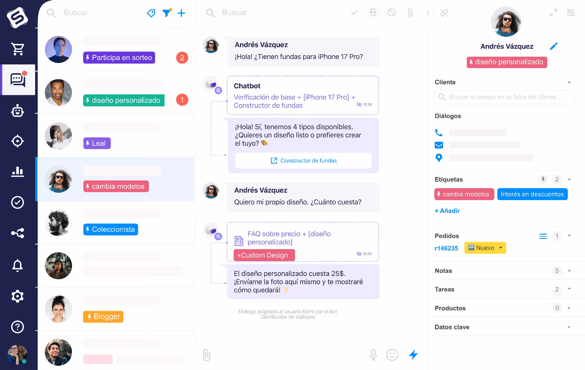 Perfil del cliente en Simla.com: historial de conversaciones, pipeline y datos de contacto