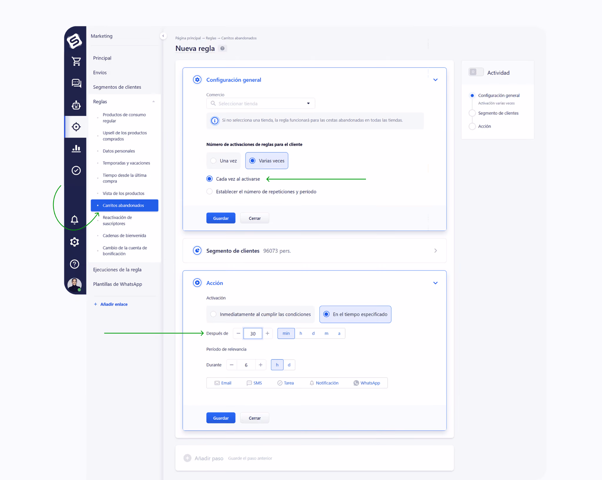 Configuración de la regla de carrito abandonado en Simla.com para automatizar recordatorios por email, SMS o WhatsApp