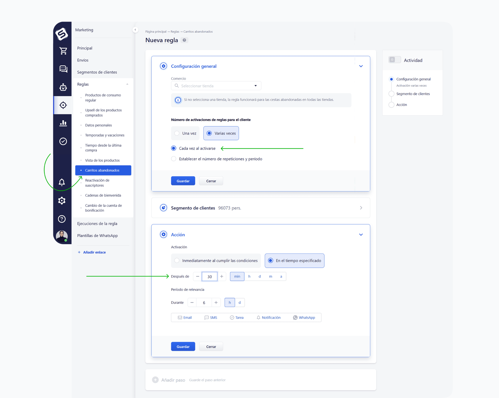 Configuración de la regla de carrito abandonado en Simla.com para automatizar recordatorios por email, SMS o WhatsApp