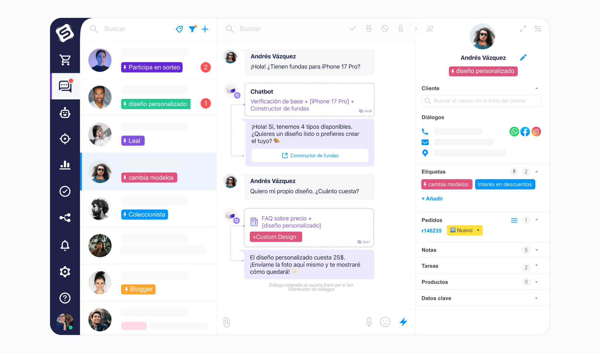 Interfaz de la bandeja de entrada de Simla.com con el diálogo con el cliente, bot de IA contestando y bot distribuidor asignando el diálogo al asesor