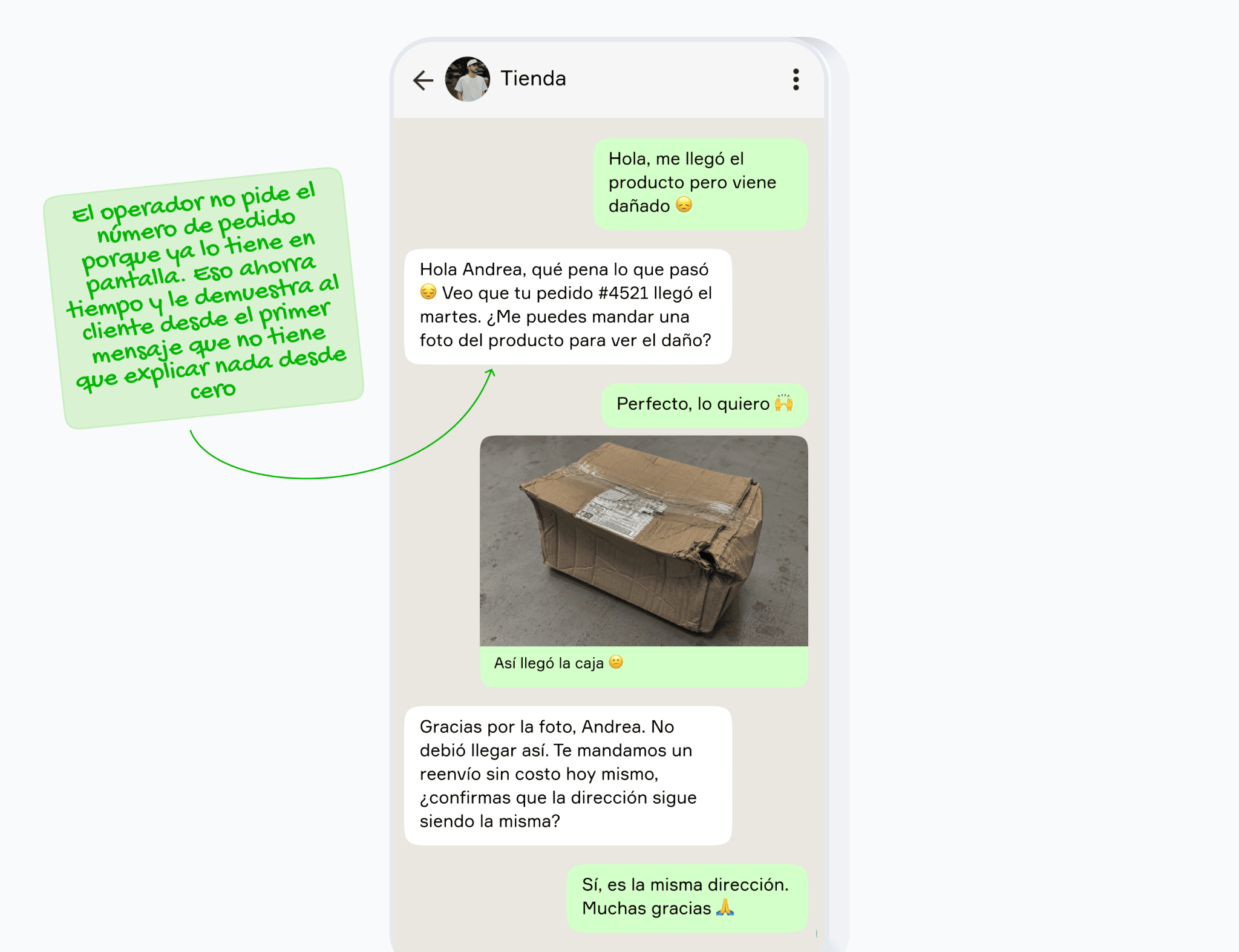Conversación en WhatsApp donde un operador resuelve un problema de entrega dañada en menos de 10 minutos con acceso al historial del pedido del cliente