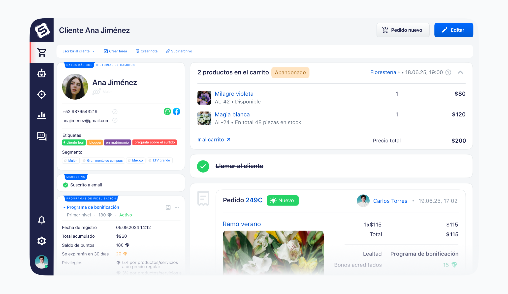 Interfaz de Simla.com con el perfil del cliente donde se ven todos sus puntos acumulados con historial de sus pedidos y el estado actual de su carrito
