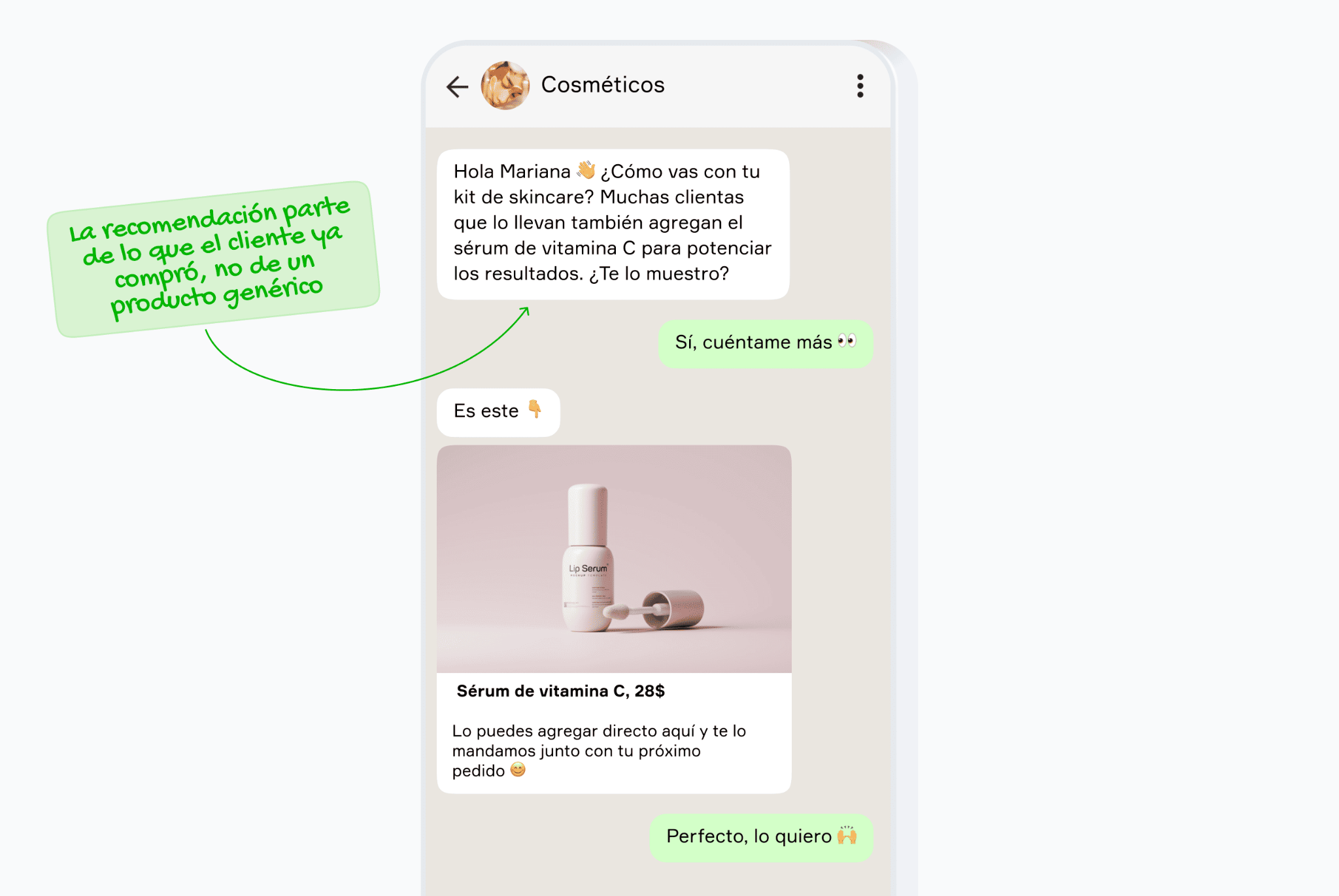 Conversación en WhatsApp donde una tienda hace una recomendación de producto personalizada basada en la compra anterior del cliente