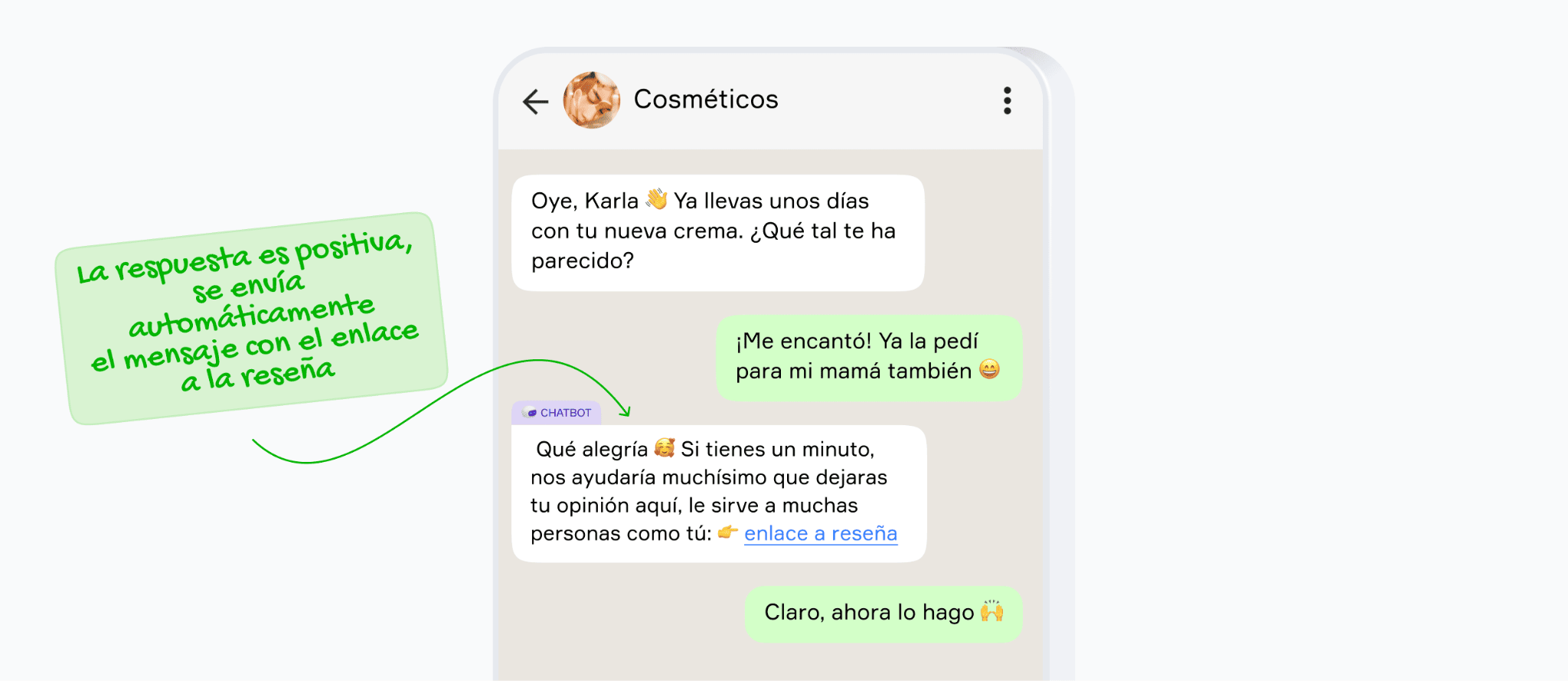 Mockup de conversación en WhatsApp donde una tienda solicita una reseña al cliente días después de la entrega con tono informal y enlace directo