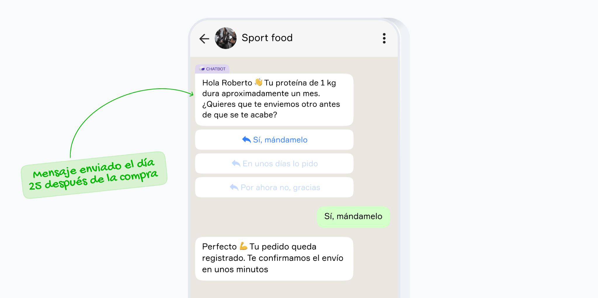 Conversación en WhatsApp donde una tienda envía un recordatorio automático de recompra a un cliente antes de que se agote su producto consumible