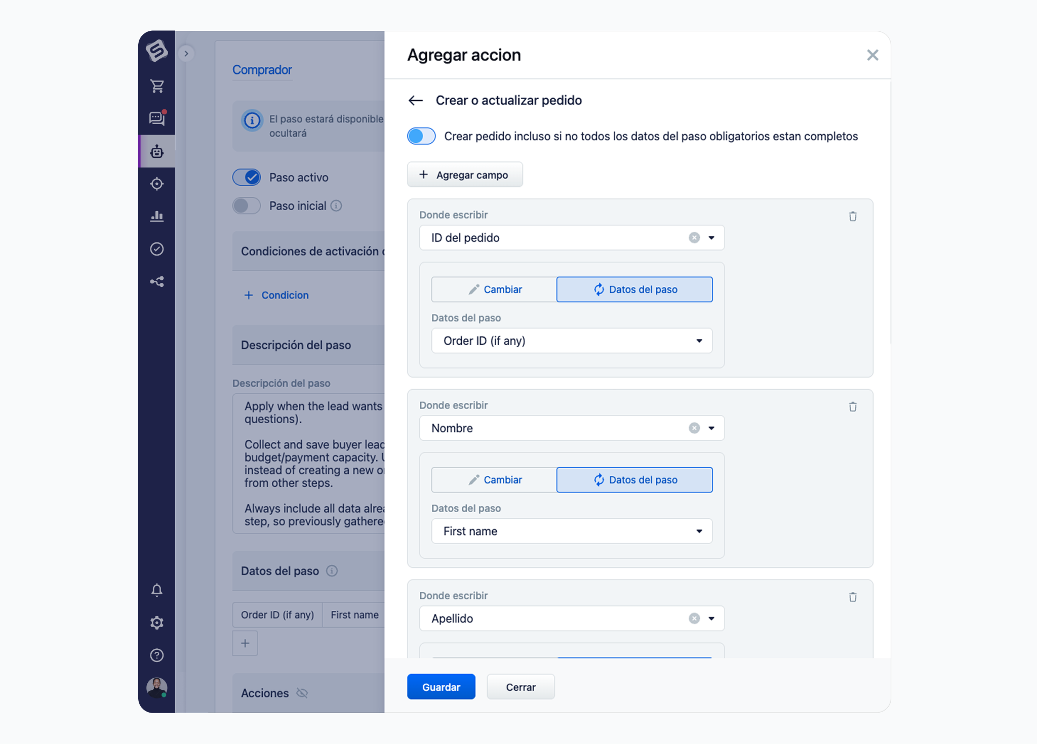 La acción "Crear o actualizar pedido" mostrando la primera fila conectada al ID del pedido, y debajo las demás filas con los datos del lead. 