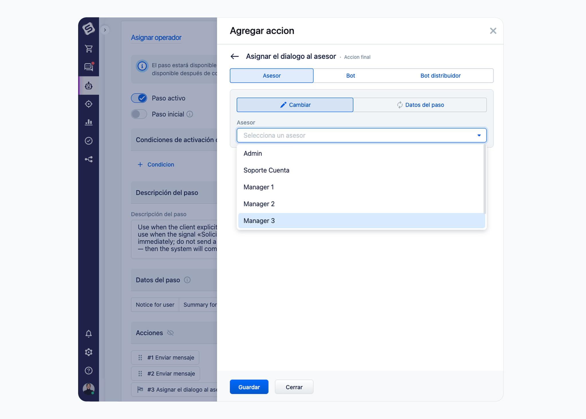 La acción "Asignar el diálogo al asesor" mostrando las tres opciones (Asesor / Bot / Bot distribuidor) y, en "Asesor", el selector de persona. 