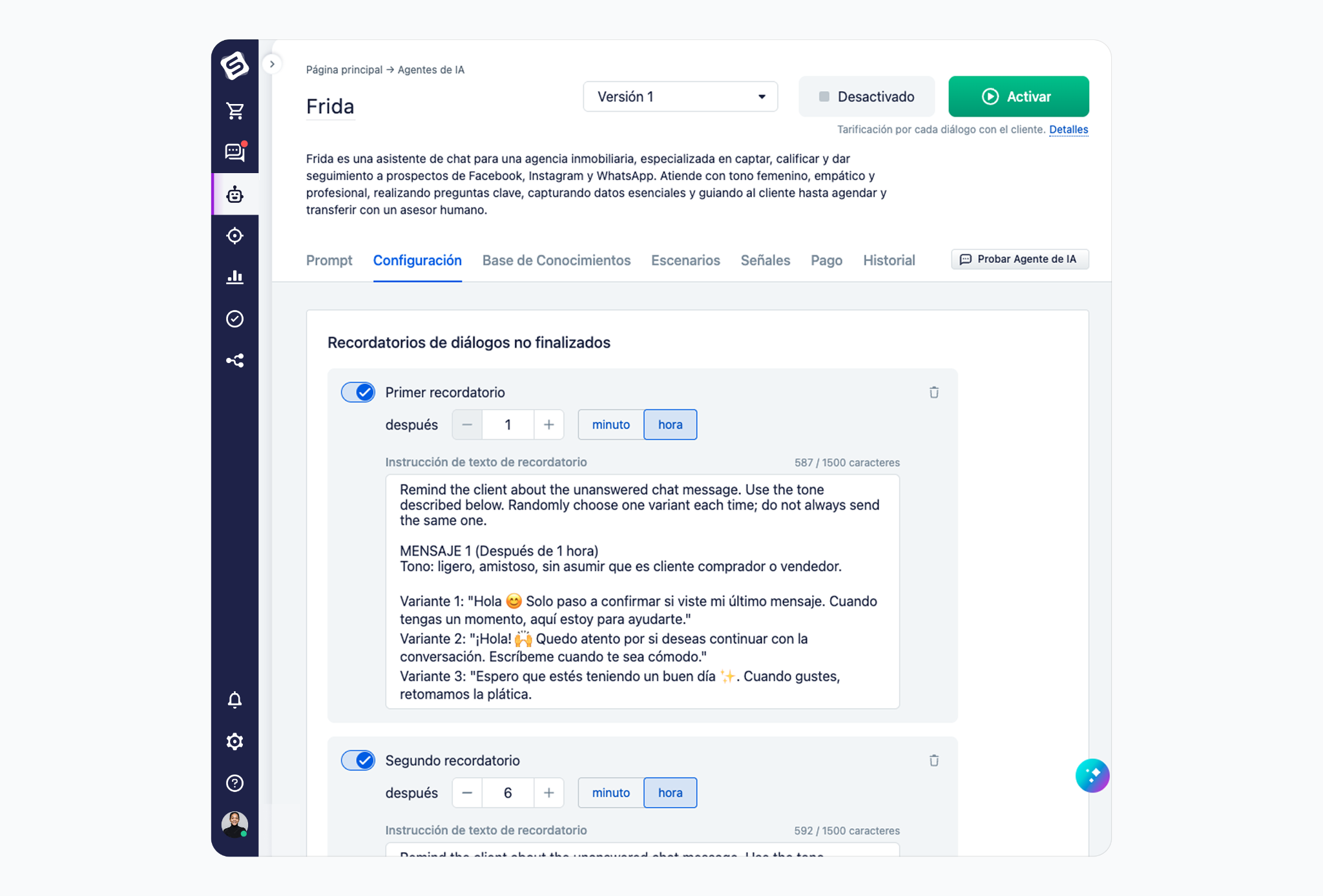 La sección de recordatorios de diálogos no finalizados en Configuración: el toggle del primer recordatorio, el selector de tiempo y el campo de instrucción de texto. 