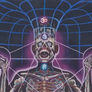 Mural of a skeleton with chakra points and aura