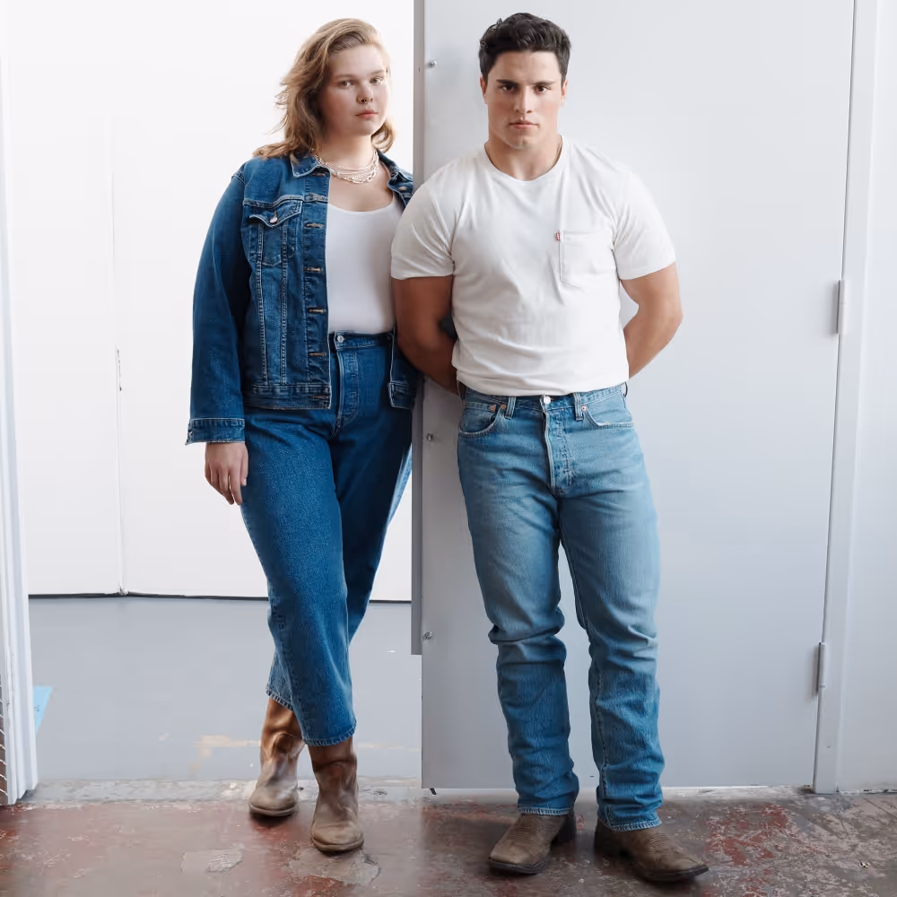 two models wearing levis denim and white tshirts